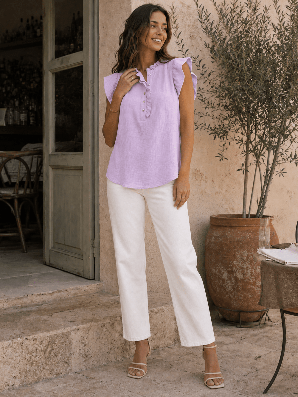 WOMEN'S SHORT RUFFLE SLEEVE BUTTON UP BLOUSE