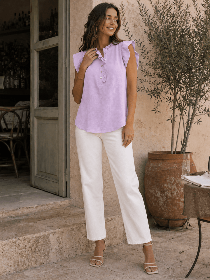 WOMEN'S SHORT RUFFLE SLEEVE BUTTON UP BLOUSE