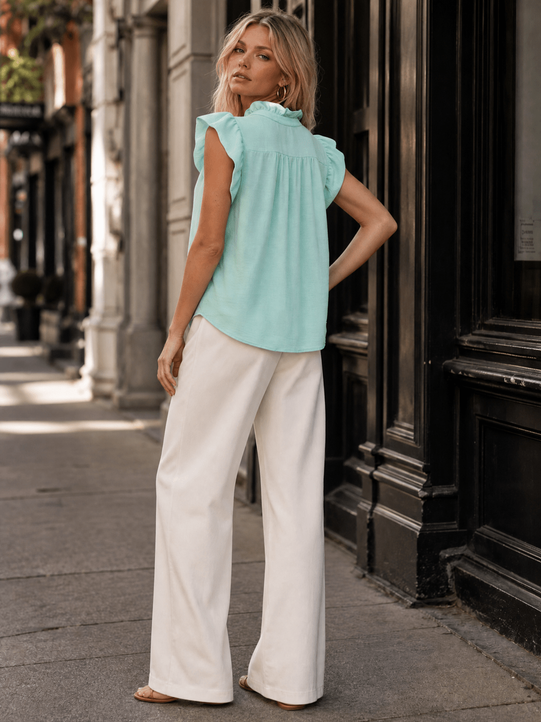 WOMEN'S SHORT RUFFLE SLEEVE BUTTON UP BLOUSE