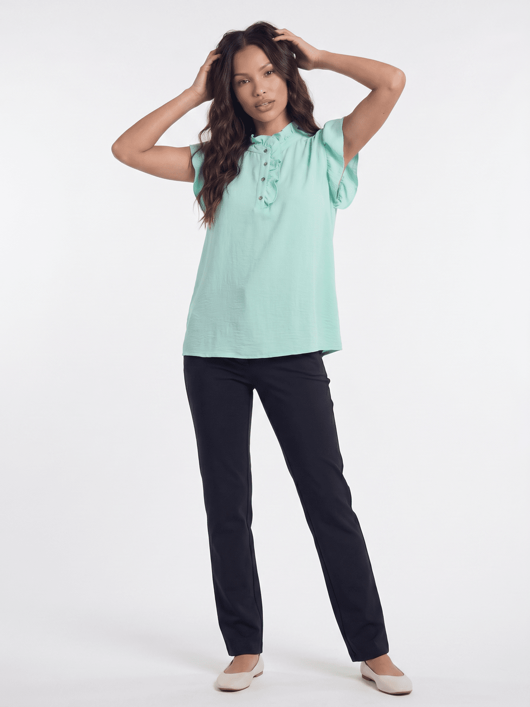 WOMEN'S SHORT RUFFLE SLEEVE BUTTON UP BLOUSE