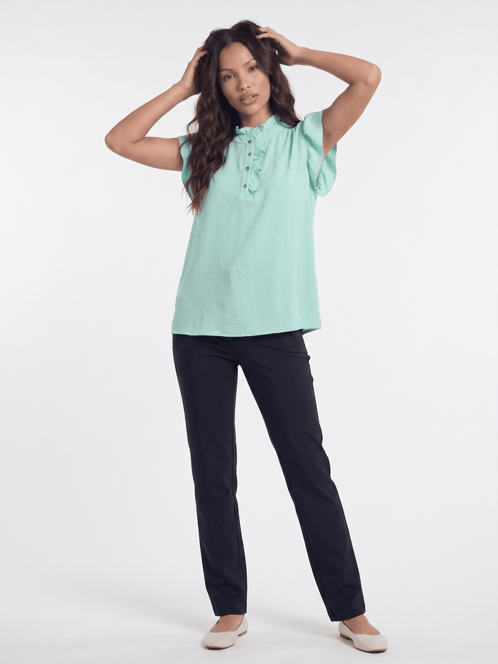 WOMEN'S SHORT RUFFLE SLEEVE BUTTON UP BLOUSE