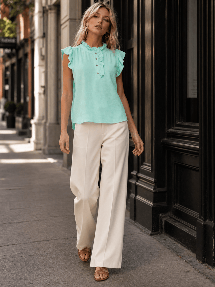 WOMEN'S SHORT RUFFLE SLEEVE BUTTON UP BLOUSE