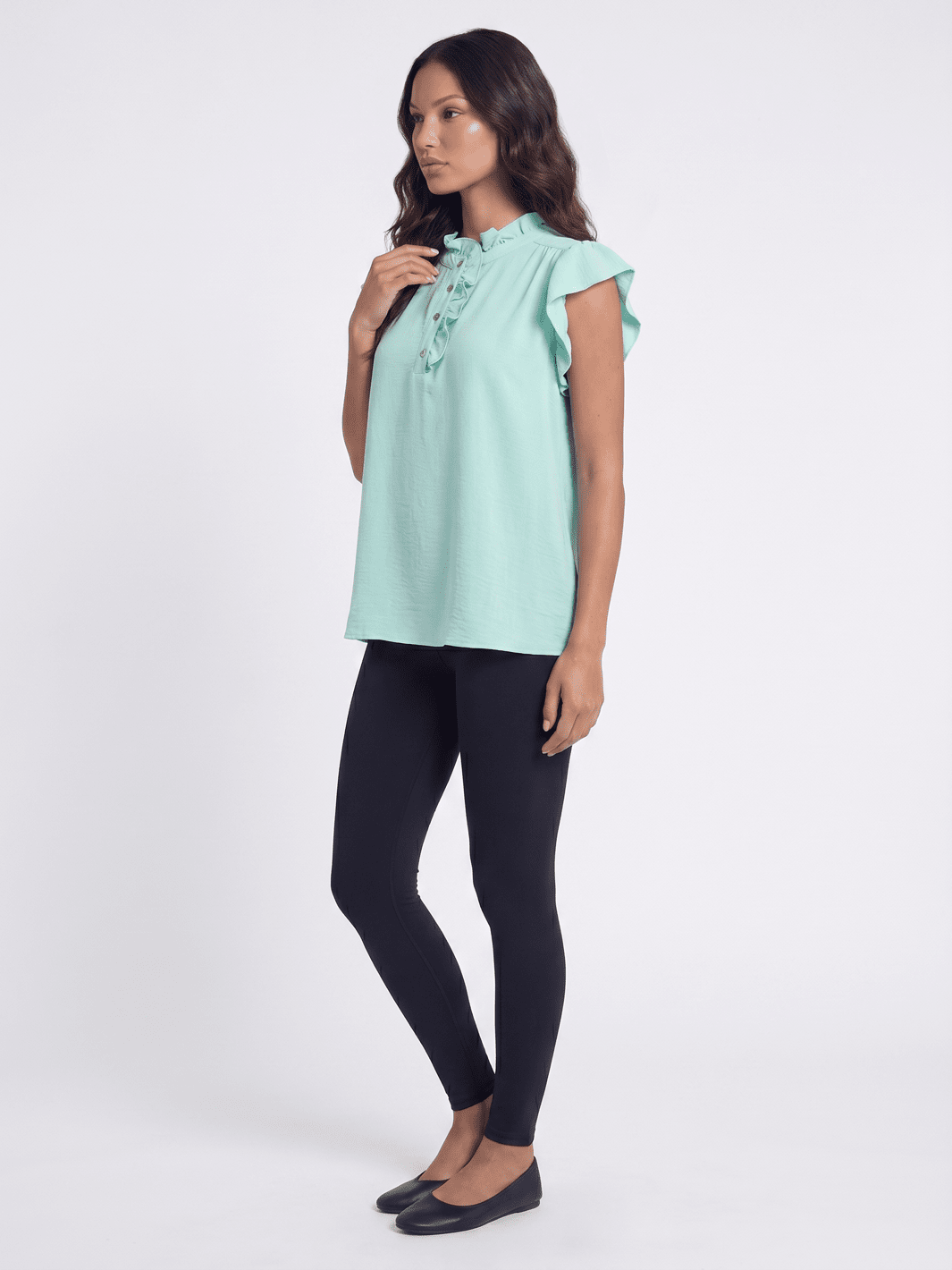 WOMEN'S SHORT RUFFLE SLEEVE BUTTON UP BLOUSE