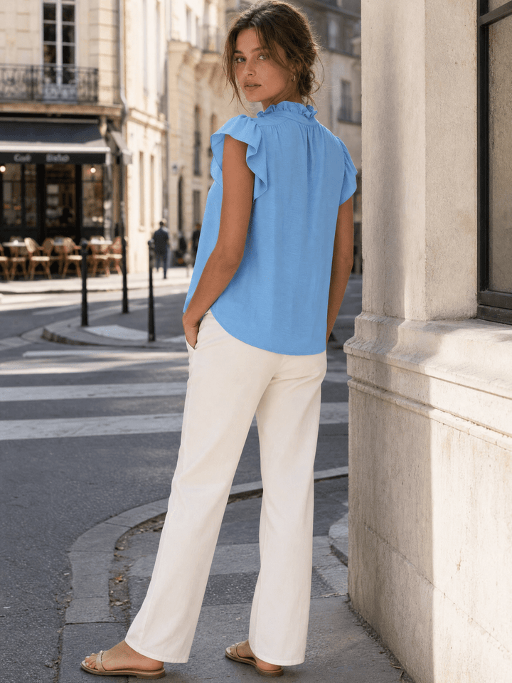 WOMEN'S SHORT RUFFLE SLEEVE BUTTON UP BLOUSE