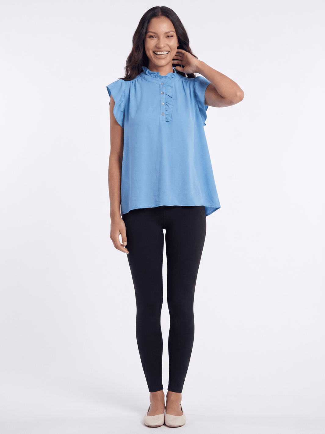 WOMEN'S SHORT RUFFLE SLEEVE BUTTON UP BLOUSE