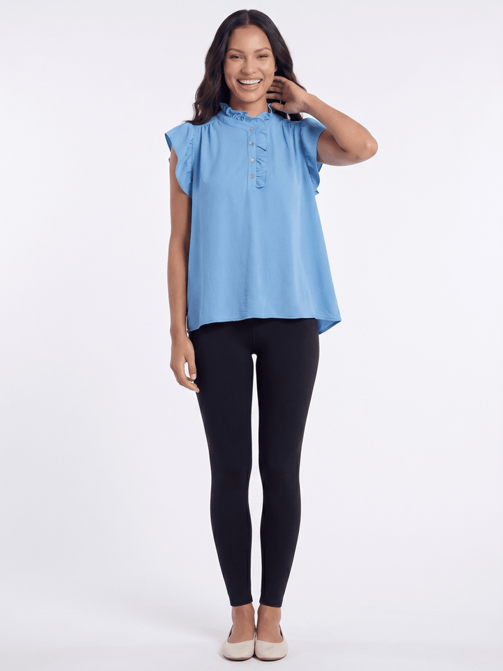 WOMEN'S SHORT RUFFLE SLEEVE BUTTON UP BLOUSE