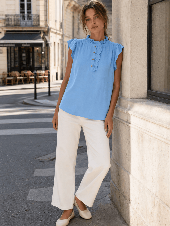 WOMEN'S SHORT RUFFLE SLEEVE BUTTON UP BLOUSE