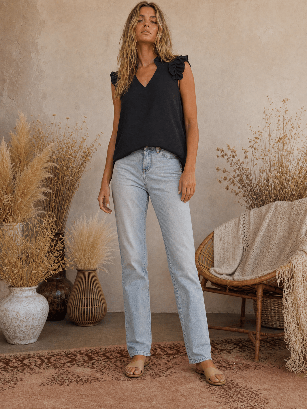 ***************WOMEN'S RUFFLE SLEEVE V-NECK BLOUSE