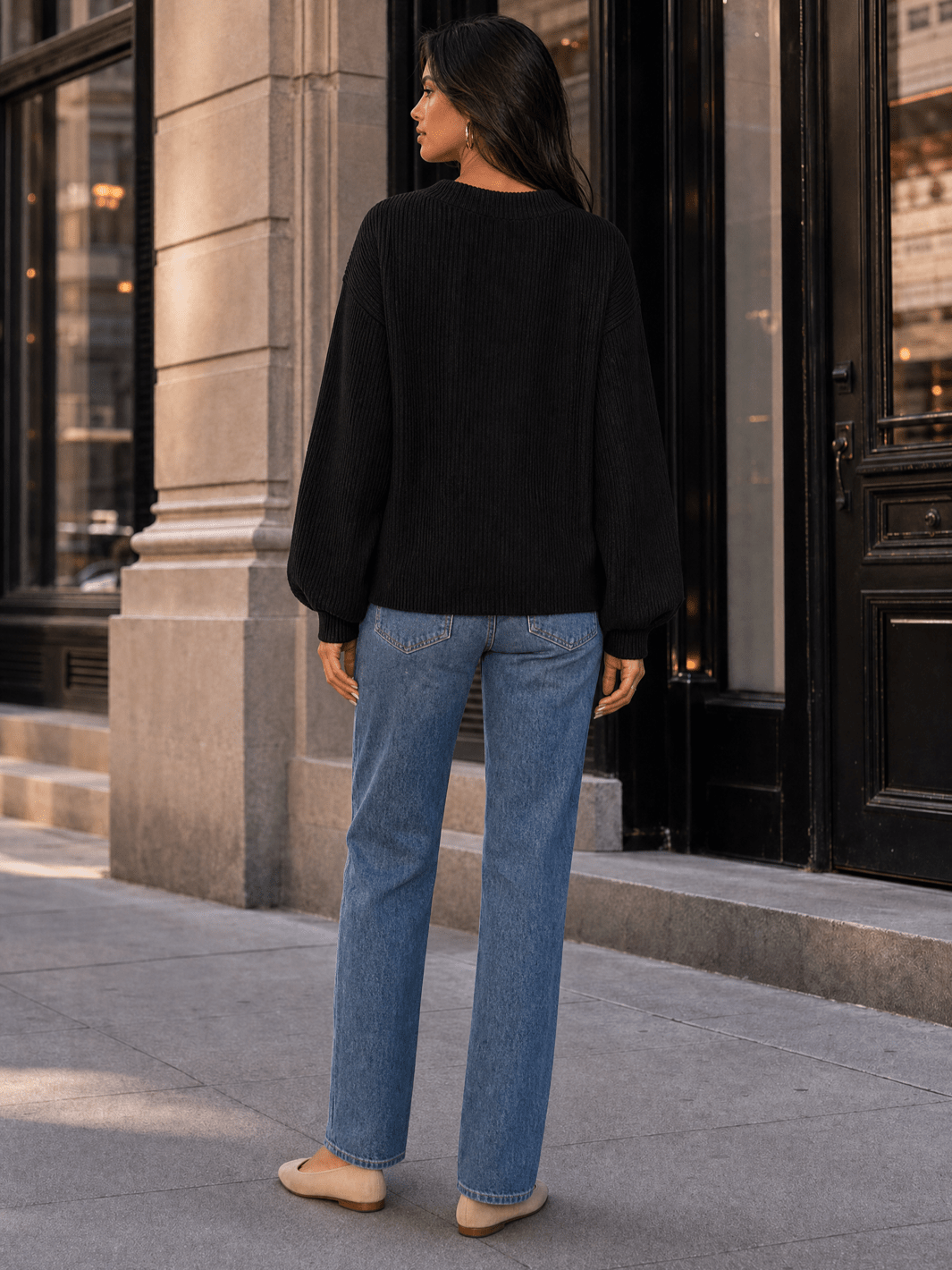 WOMEN'S LONG PUFF SLEEVE V-NECK RIBBED BLOUSE