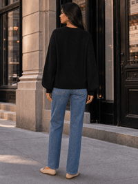 WOMEN'S LONG PUFF SLEEVE V-NECK RIBBED BLOUSE