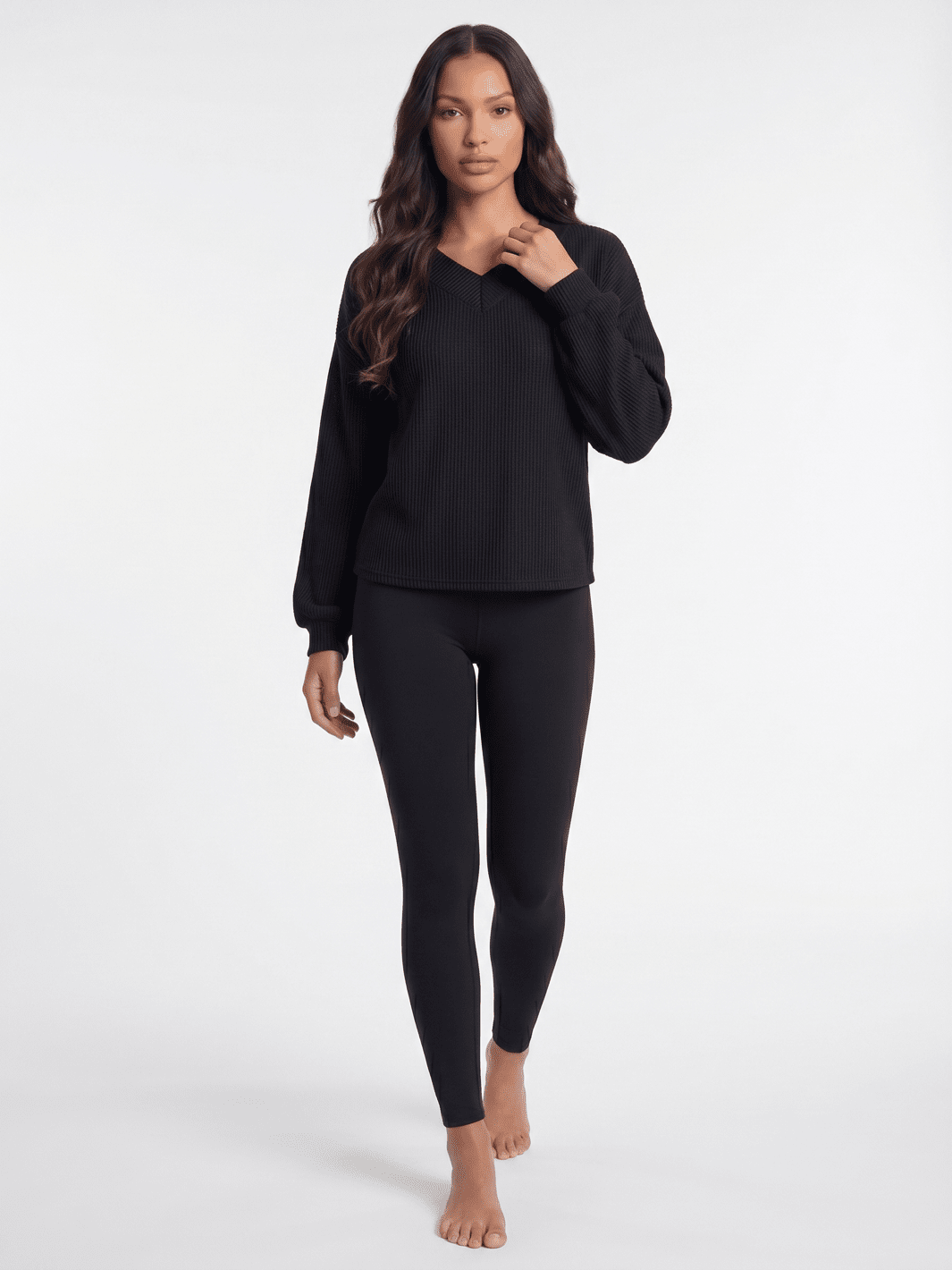 WOMEN'S LONG PUFF SLEEVE V-NECK RIBBED BLOUSE