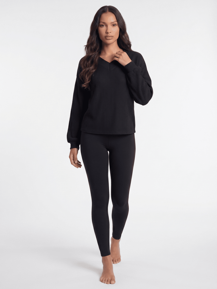 WOMEN'S LONG PUFF SLEEVE V-NECK RIBBED BLOUSE