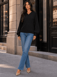 WOMEN'S LONG PUFF SLEEVE V-NECK RIBBED BLOUSE