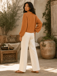 WOMEN'S LONG PUFF SLEEVE V-NECK RIBBED BLOUSE
