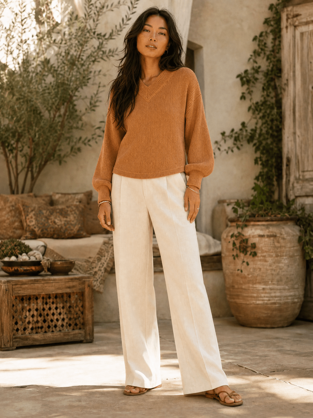 WOMEN'S LONG PUFF SLEEVE V-NECK RIBBED BLOUSE