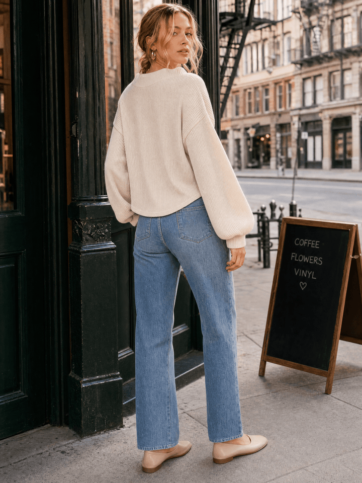 WOMEN'S LONG PUFF SLEEVE V-NECK RIBBED BLOUSE