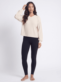 WOMEN'S LONG PUFF SLEEVE V-NECK RIBBED BLOUSE
