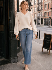 WOMEN'S LONG PUFF SLEEVE V-NECK RIBBED BLOUSE