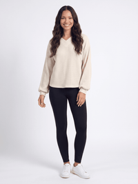 WOMEN'S LONG PUFF SLEEVE V-NECK RIBBED BLOUSE