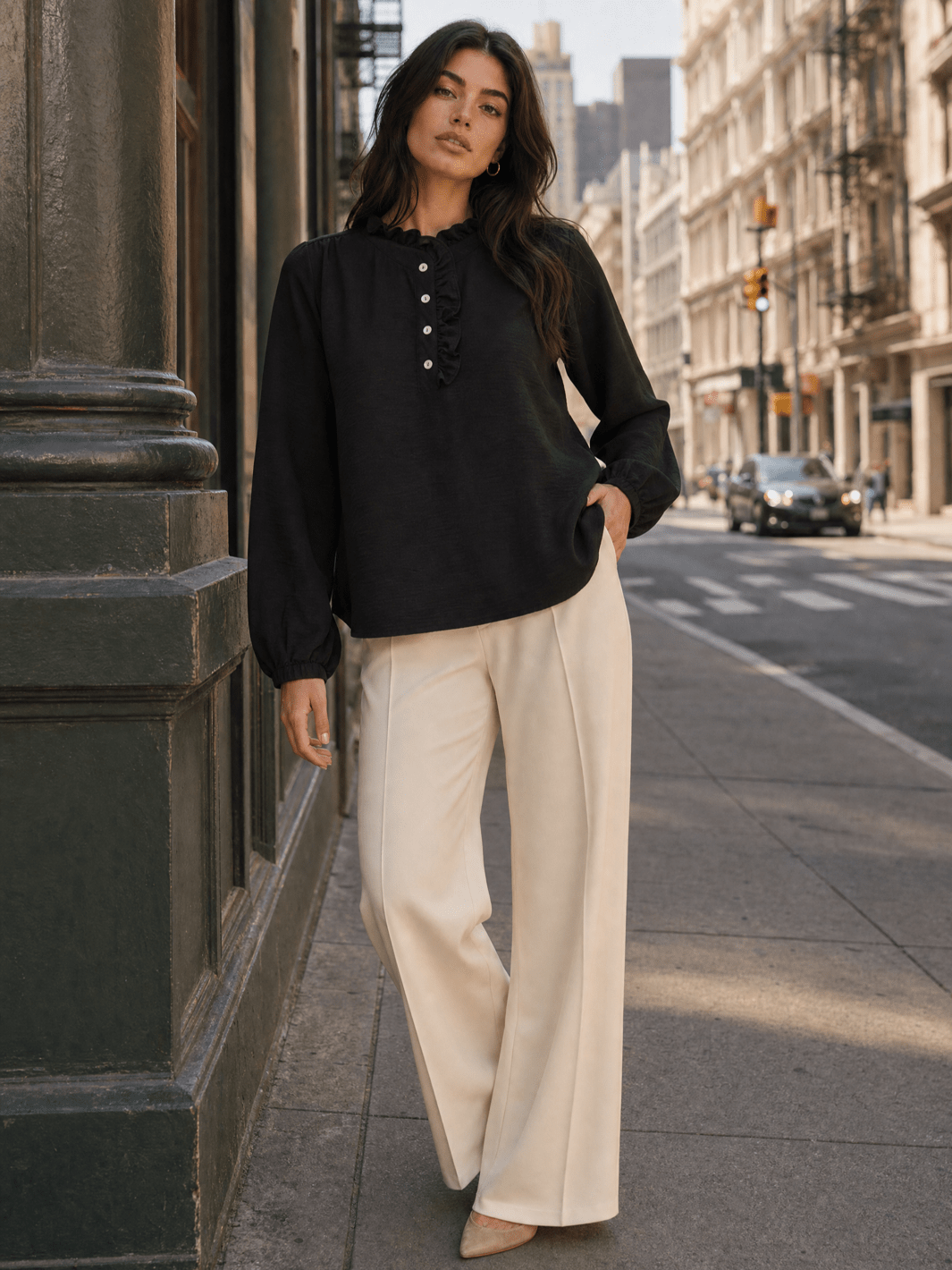 ************WOMEN'S LONG SLEEVE RUFFLE NECK BUTTON UP BLOUSE