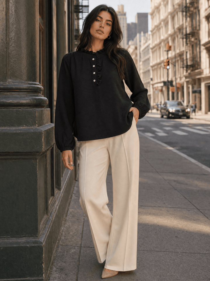 ************WOMEN'S LONG SLEEVE RUFFLE NECK BUTTON UP BLOUSE