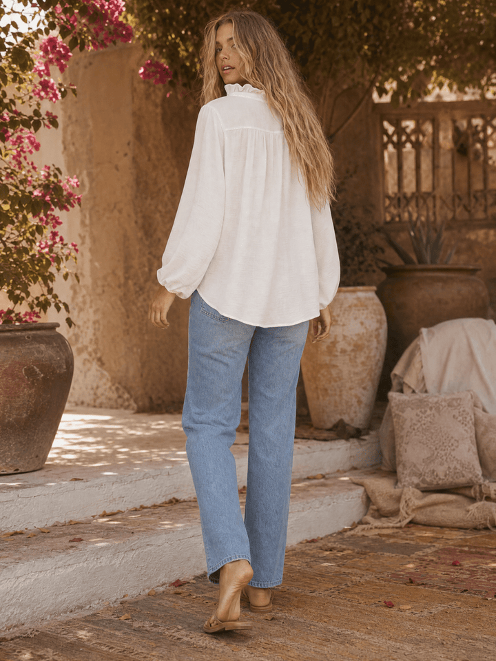 ************WOMEN'S LONG SLEEVE RUFFLE NECK BUTTON UP BLOUSE