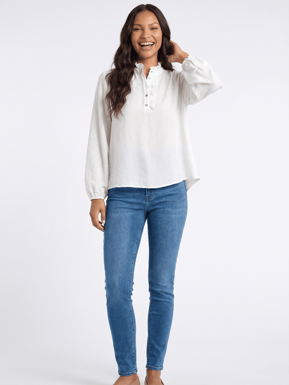 ************WOMEN'S LONG SLEEVE RUFFLE NECK BUTTON UP BLOUSE