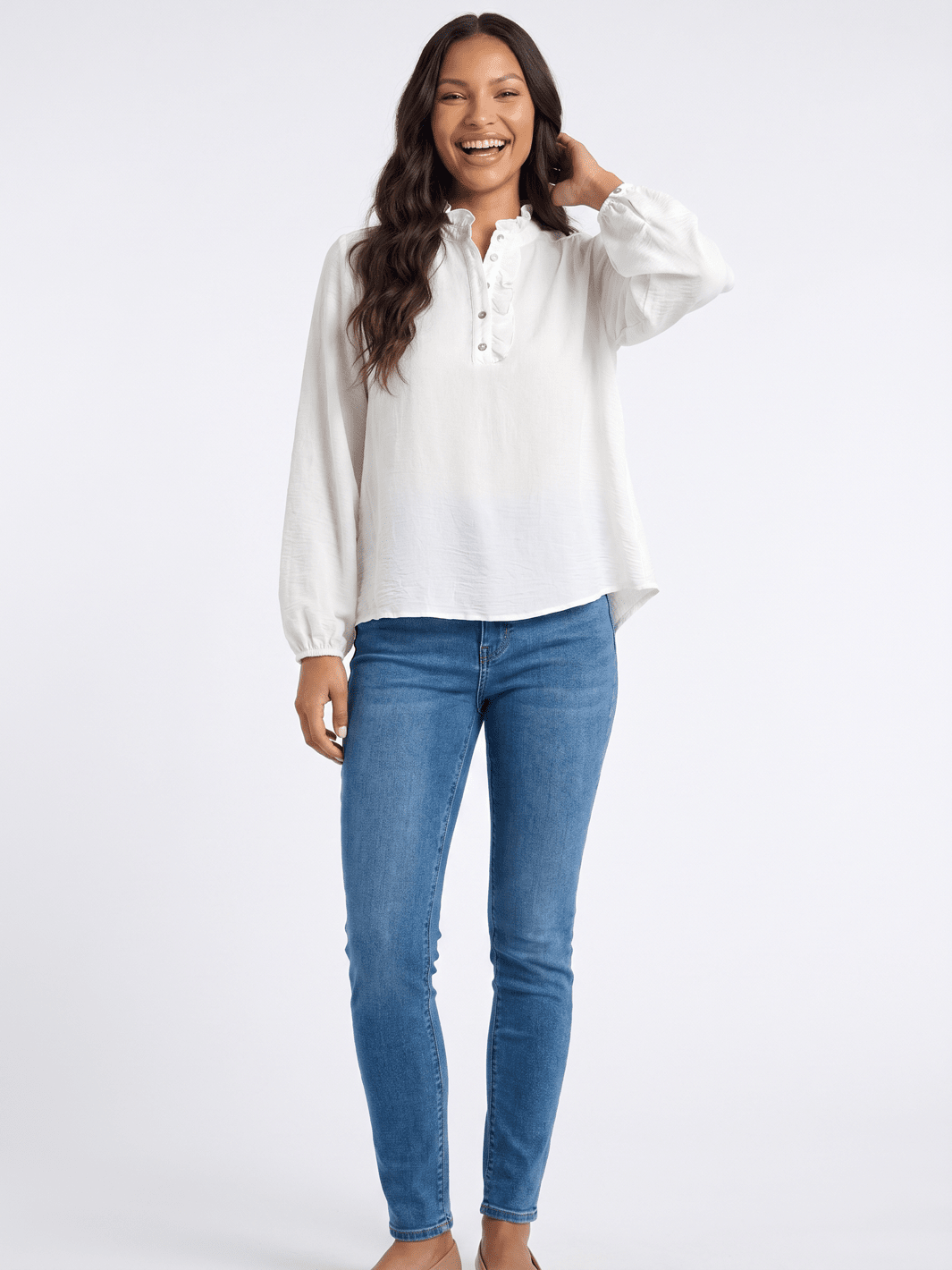 ************WOMEN'S LONG SLEEVE RUFFLE NECK BUTTON UP BLOUSE