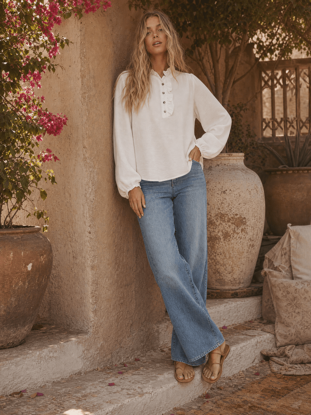 ************WOMEN'S LONG SLEEVE RUFFLE NECK BUTTON UP BLOUSE