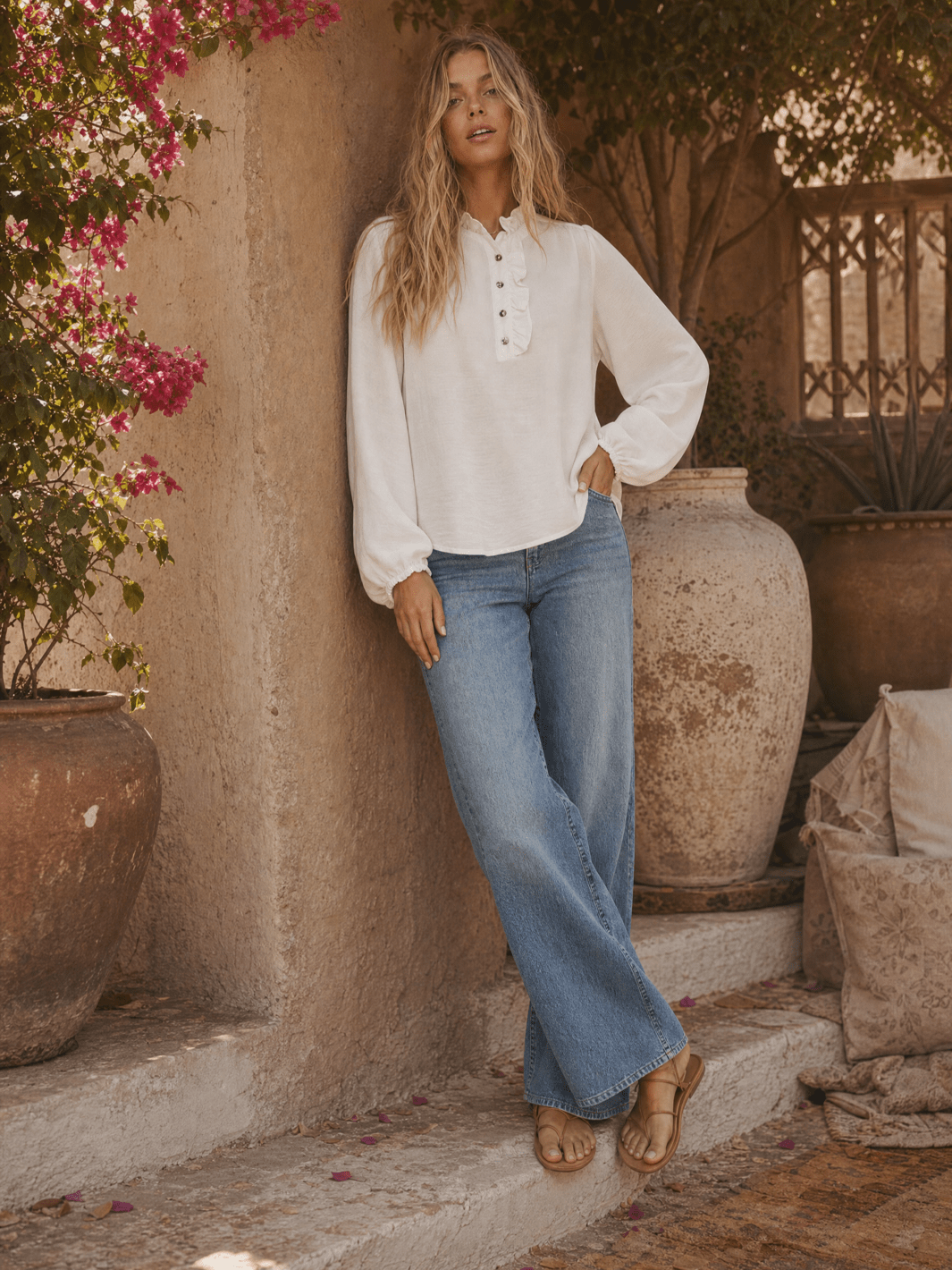 ************WOMEN'S LONG SLEEVE RUFFLE NECK BUTTON UP BLOUSE