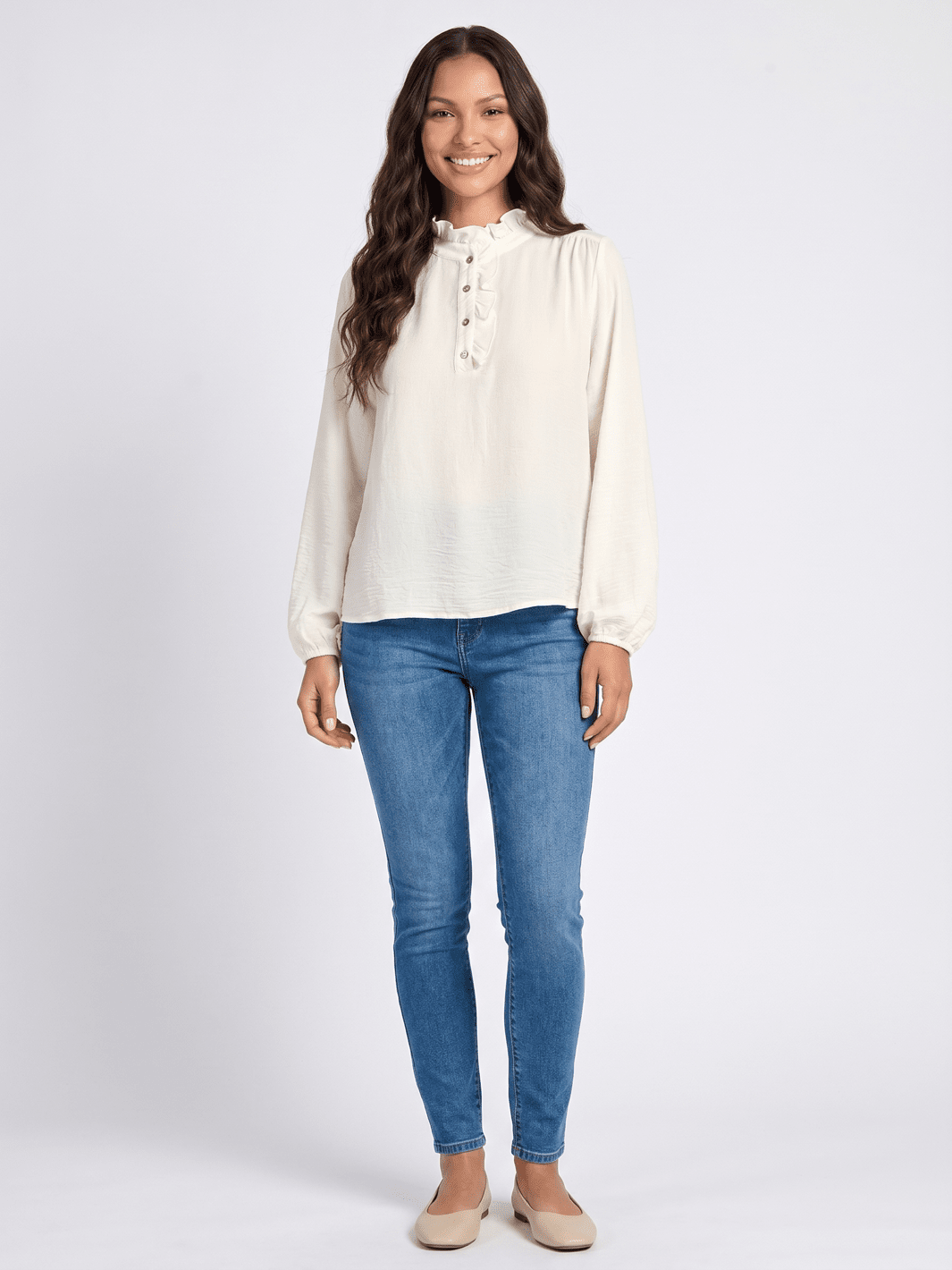 ************WOMEN'S LONG SLEEVE RUFFLE NECK BUTTON UP BLOUSE