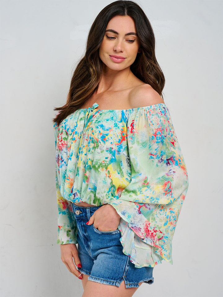 WOMEN'S LONG BELL SLEEVE OFF SHOULDER FLORAL BLOUSE
