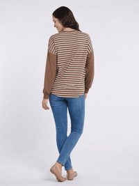 WOMEN'S LONG SLEEVE FRONT POCKET COLORBLOCK STRIPES BLOUSE