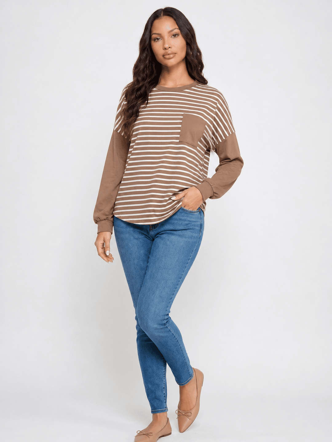 WOMEN'S LONG SLEEVE FRONT POCKET COLORBLOCK STRIPES BLOUSE