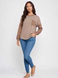 WOMEN'S LONG SLEEVE FRONT POCKET COLORBLOCK STRIPES BLOUSE