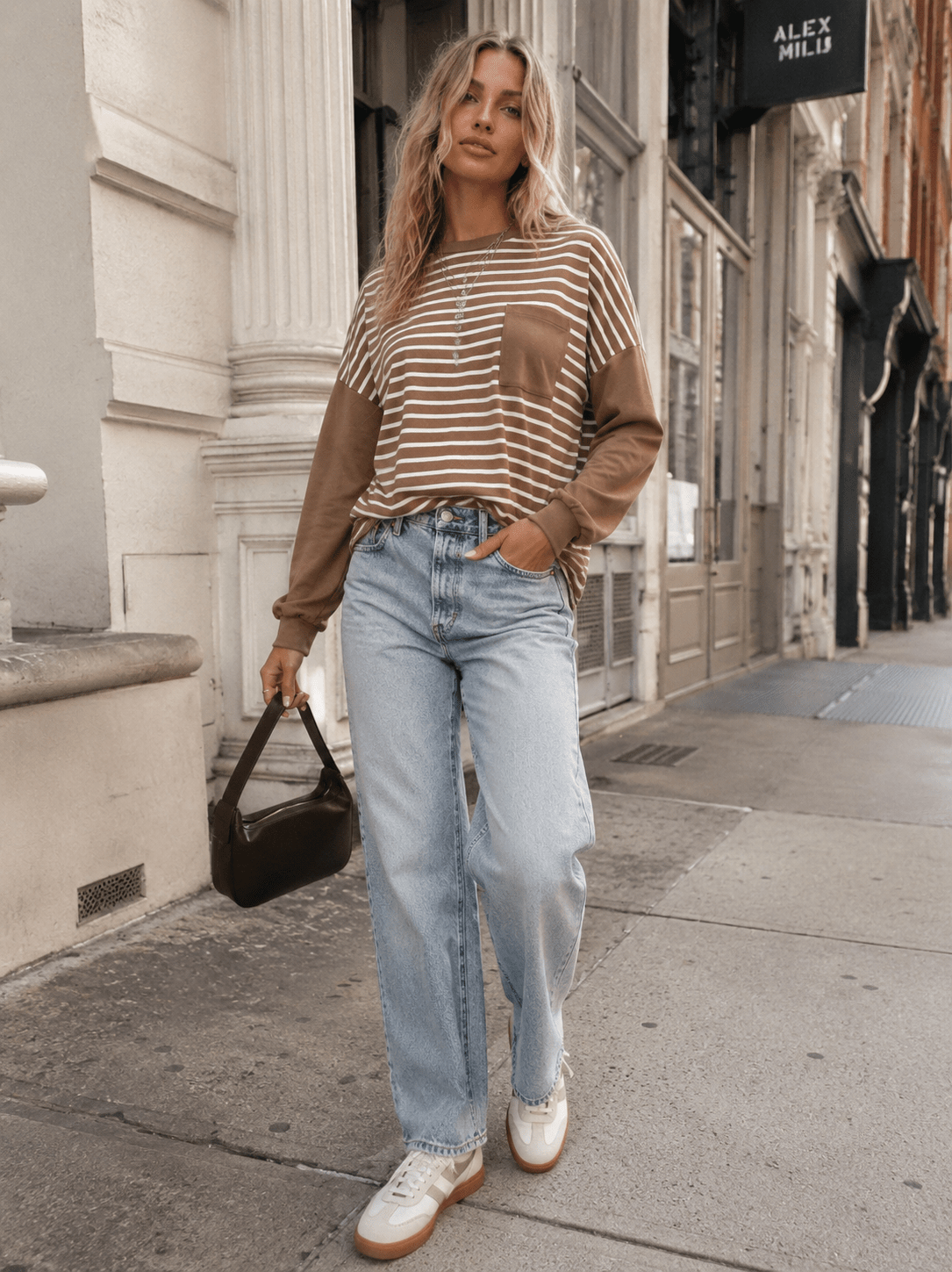 WOMEN'S LONG SLEEVE FRONT POCKET COLORBLOCK STRIPES BLOUSE