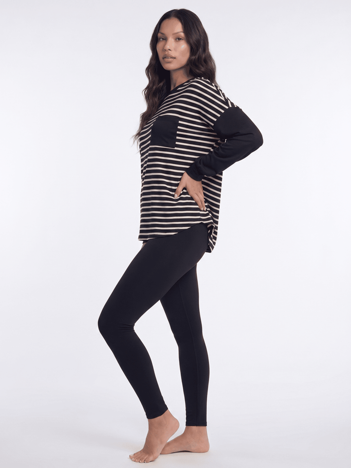 *********WOMEN'S LONG SLEEVE FRONT POCKET COLORBLOCK STRIPES BLOUSE