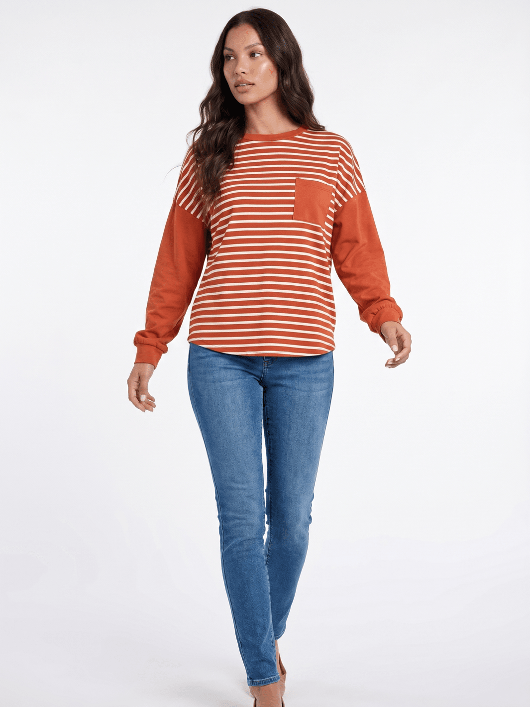 *********WOMEN'S LONG SLEEVE FRONT POCKET COLORBLOCK STRIPES BLOUSE