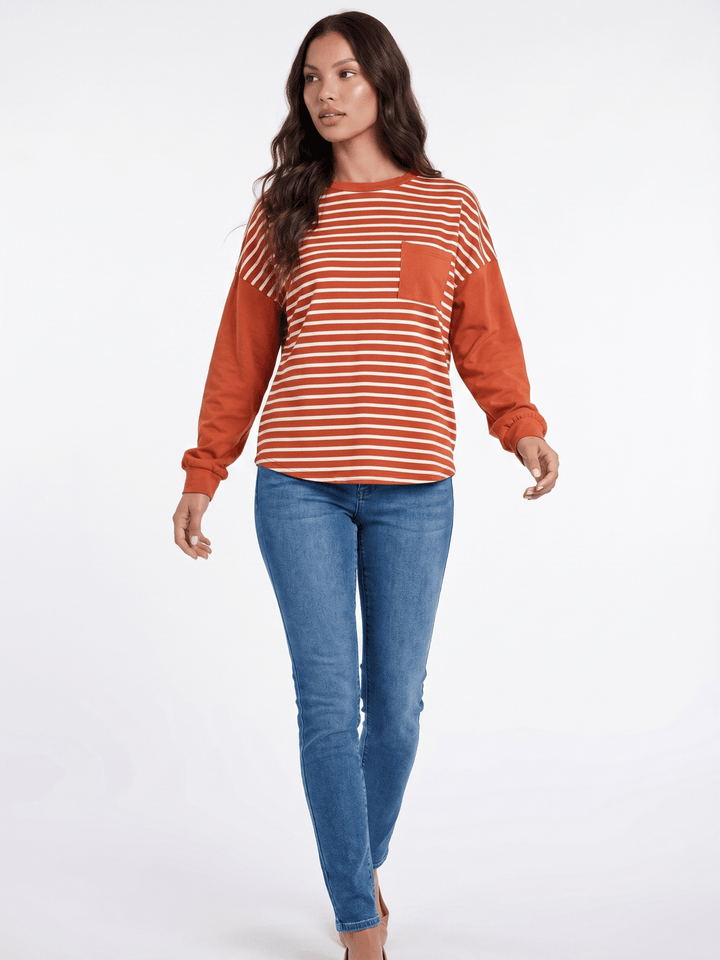 *********WOMEN'S LONG SLEEVE FRONT POCKET COLORBLOCK STRIPES BLOUSE
