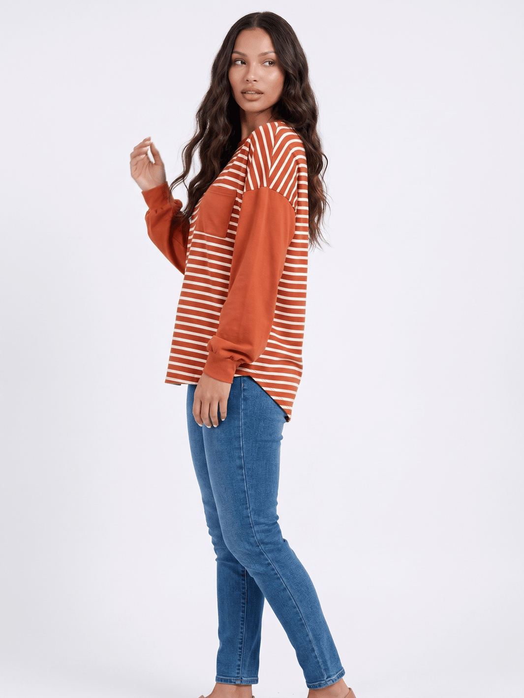 *********WOMEN'S LONG SLEEVE FRONT POCKET COLORBLOCK STRIPES BLOUSE