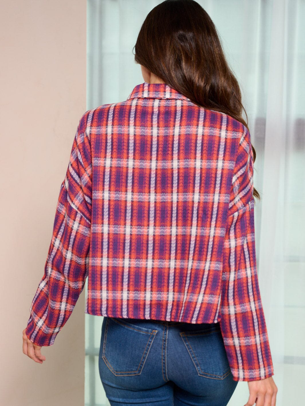 WOMEN'S LONG SLEEVE BUTTON UP POCKETS PLAID BLOUSE TOP