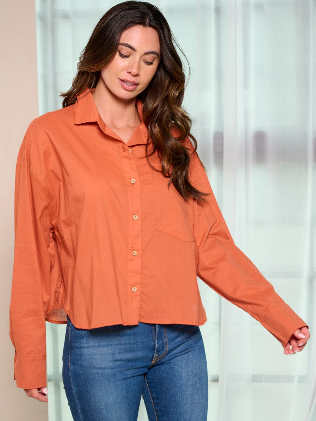 WOMEN'S LONG SLEEVE BUTTON UP FRONT POCKET BLOUSE TOP