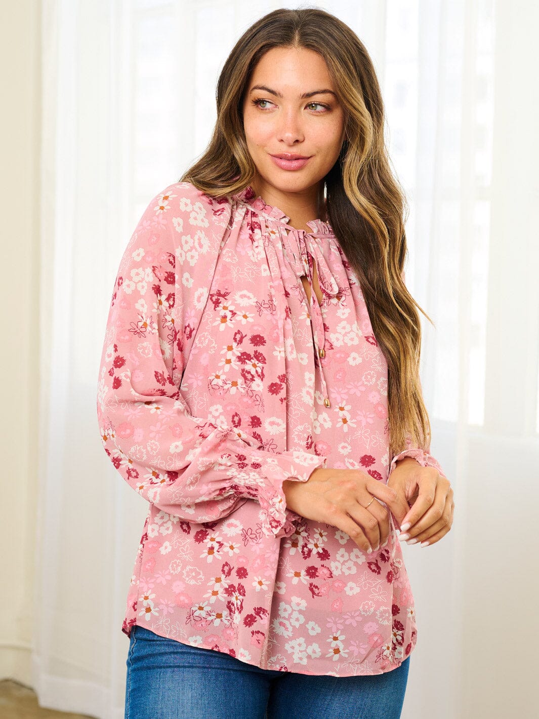 WOMEN'S LONG SLEEVE MOCK NECK TUNIC FLORAL BLOUSE TOP