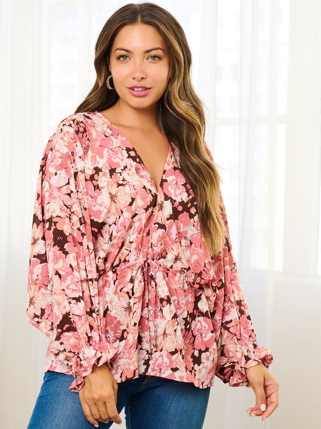 WOMEN'S LONG SLEEVE V-NECK ADJUSTABLE WAIST FLORAL BLOUSE TOP