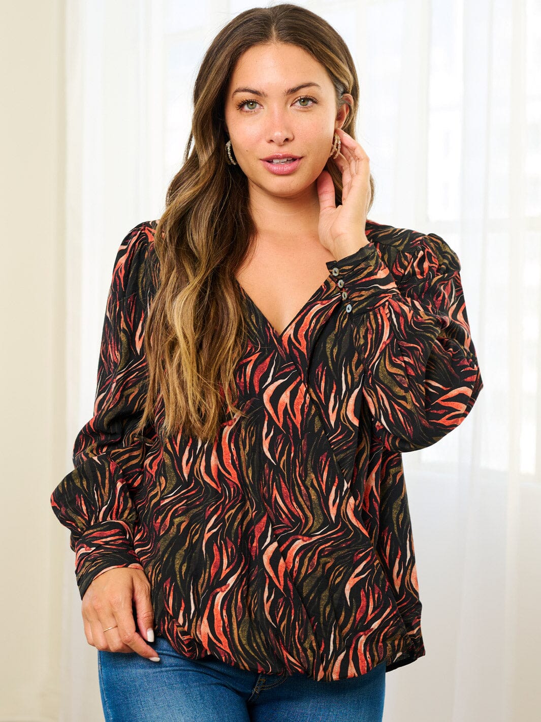 WOMEN'S LONG SLEEVE MULTI PRINT BLOUSE TOP