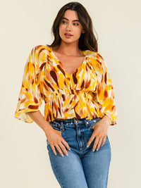 WOMEN'S 3/4 SLEEVE V-NECK ELASTIC WAIST MULTI PRINT BLOUSE