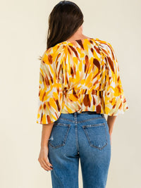 WOMEN'S 3/4 SLEEVE V-NECK ELASTIC WAIST MULTI PRINT BLOUSE