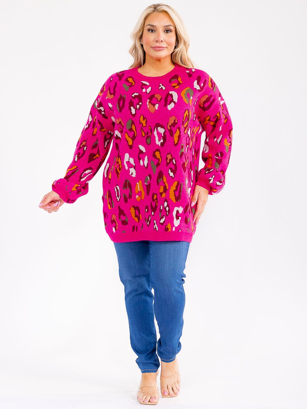 PLUS SIZE LONG SLEEVE ANIMAL PRINT PULLOVER BLOUSE