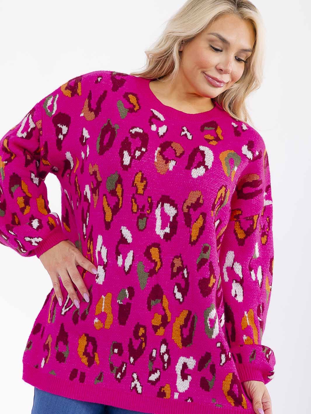 PLUS SIZE LONG SLEEVE ANIMAL PRINT PULLOVER BLOUSE