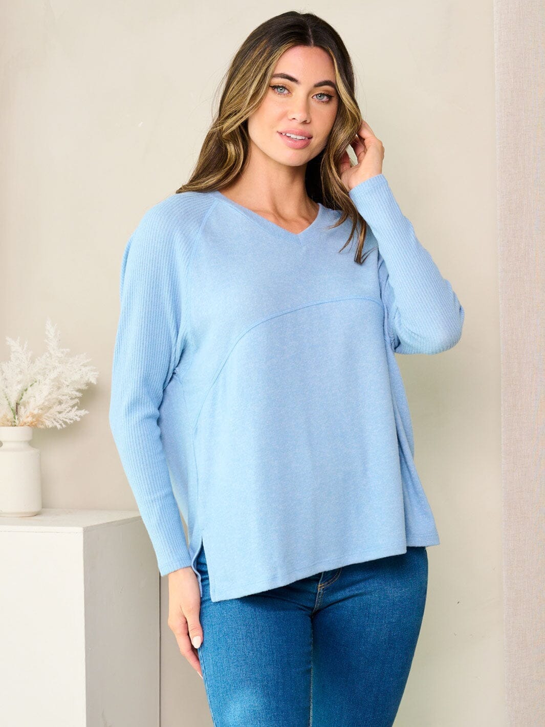 WOMEN'S LONG SLEEVE V-NECK SOLID TOP